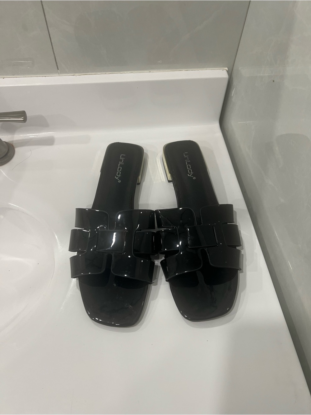 Black Patent Slide Sandals with Woven Strap Detail